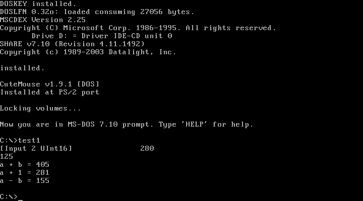 使用 VirtualBox + MS-DOS 运行编译后的汇编程序。